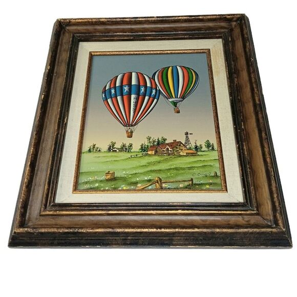 C. Carson Framed Oil Painting Hot Air Balloons Over Farm Scene Signed Picture - Picture 4 of 9